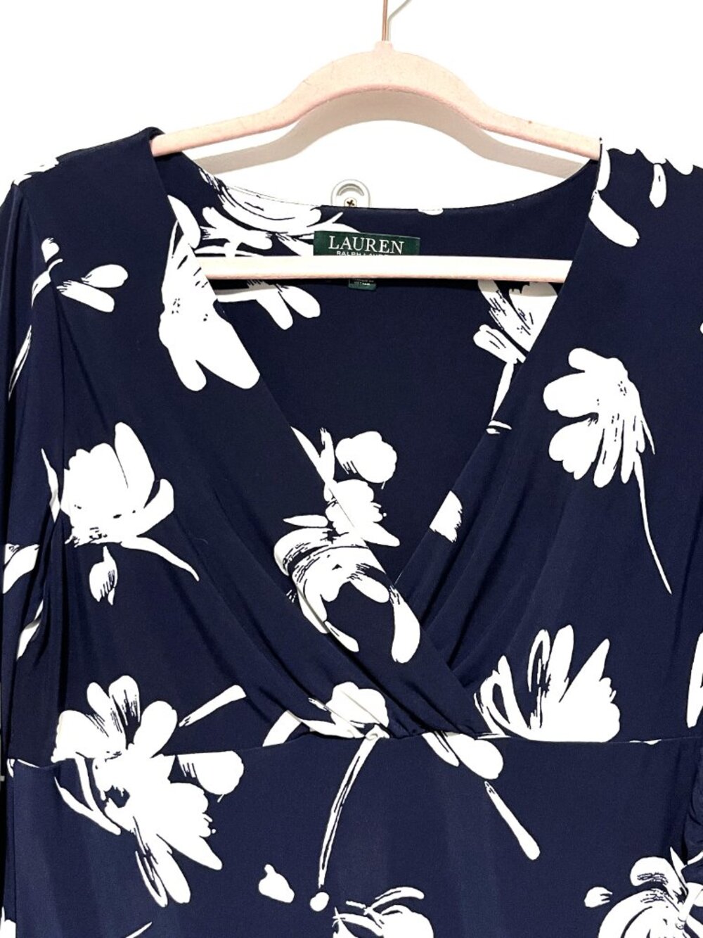 LRL Ralph Lauren Womens Flare Sleeve Wrap Dress 14 Navy Blue Floral Liquid Knit - Picture 3 of 5